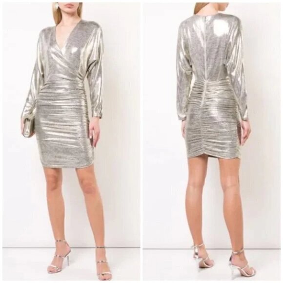 New Alice + Olivia Pace Ruched Bat Wing  Silver Metallic Dress Beyoncé Style 2 - Picture 1 of 16